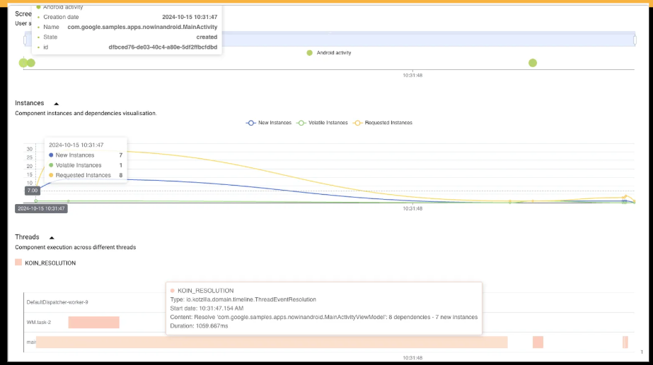 By exploring the Timeline view, you can see how the delay creates a visible pause between the "started" and "resumed" states of . This gap reveals a period where the app appears unresponsive to the user. In the Threads view, notice the delay in the initialization of the  component.